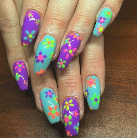 Neon Floral Nails